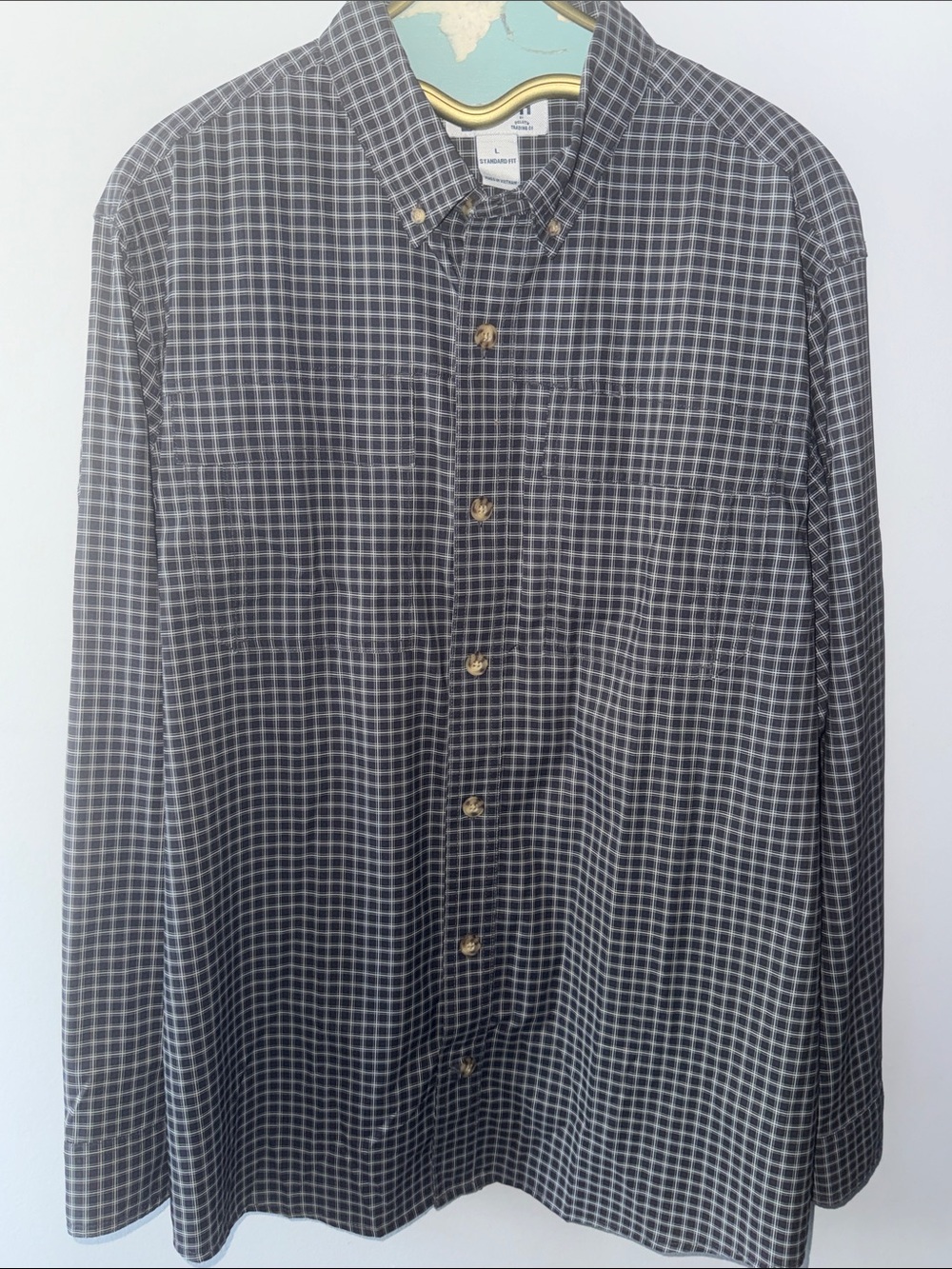 Duluth Trading Co Gray Windowpane Button-Down Shirt